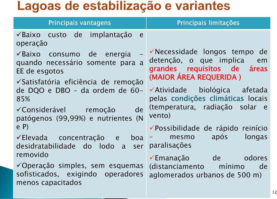 operadores menos capacitados Principais limitações Necessidade longos tempo de detenção, o que implica em grandes requisitos de áreas (MAIOR ÁREA REQUERIDA ) Atividade biológica afetada pelas