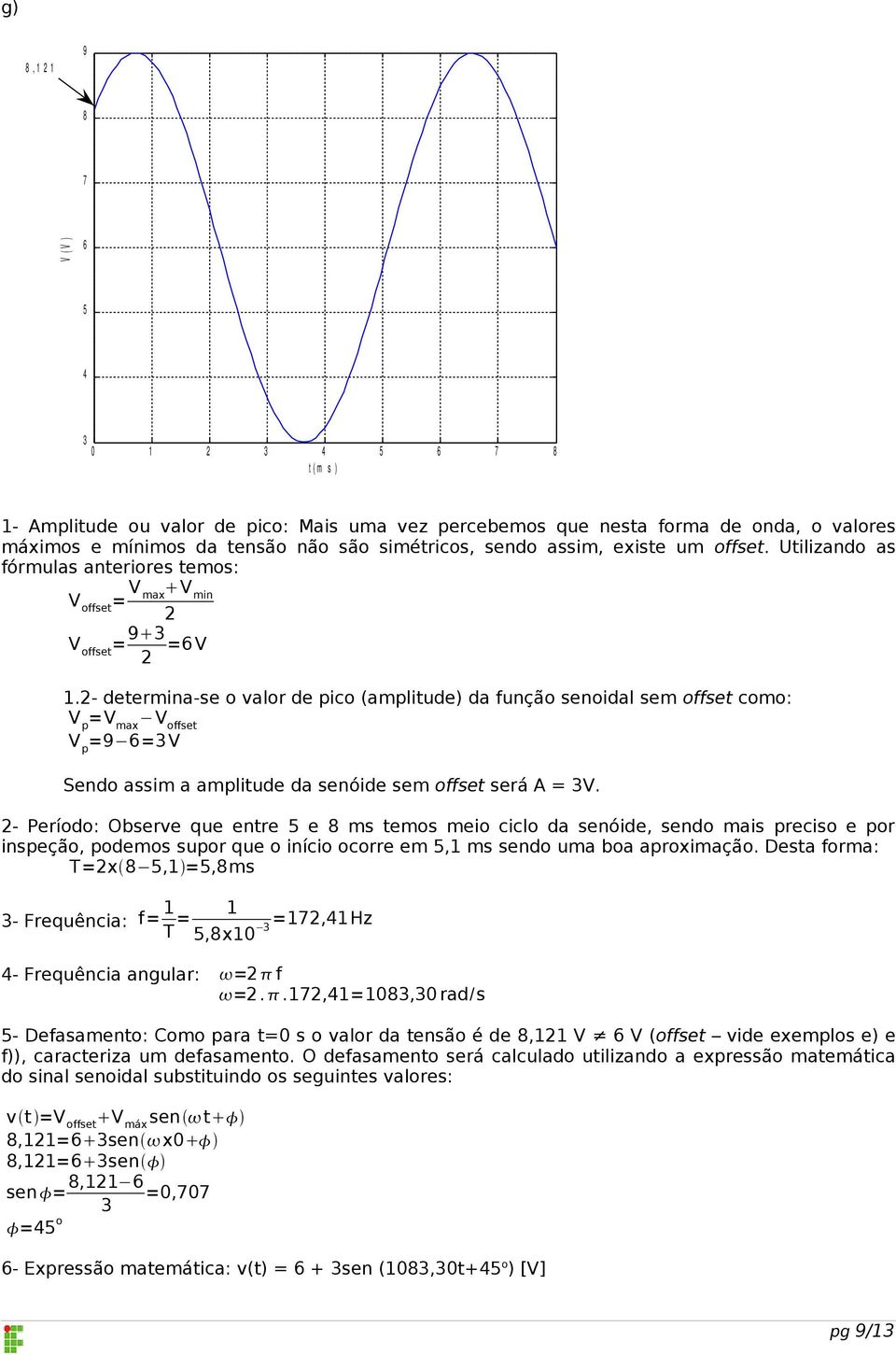 - determina-se o valor de pico (amplitude) da função senoidal sem offset como: V p =V max V offset V p =9 6=V Sendo assim a amplitude da senóide sem offset será A = V.