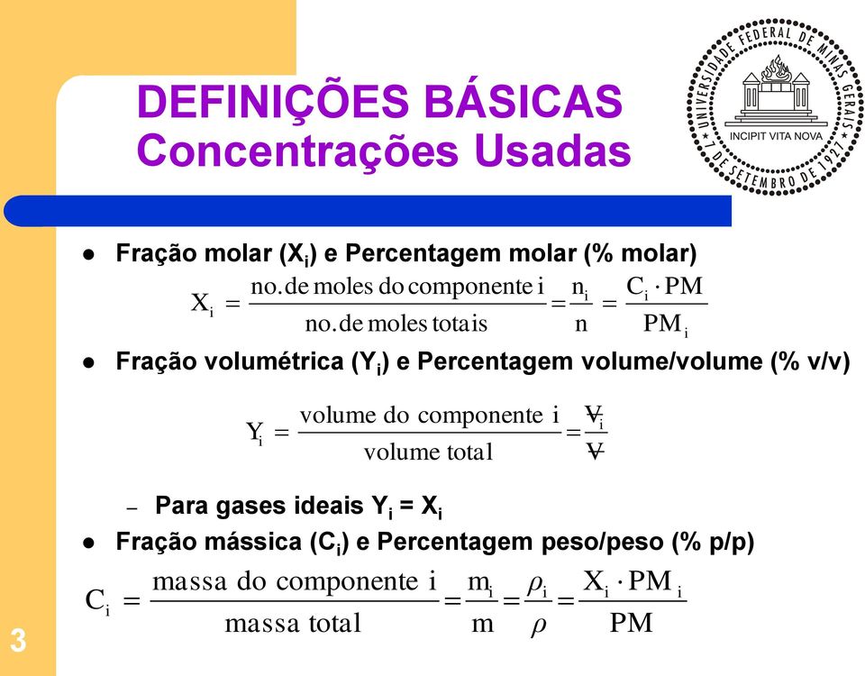 de moles totais n PM Fração volumétrica (Y i ) e Percentagem volume/volume (% v/v) i Y i volume