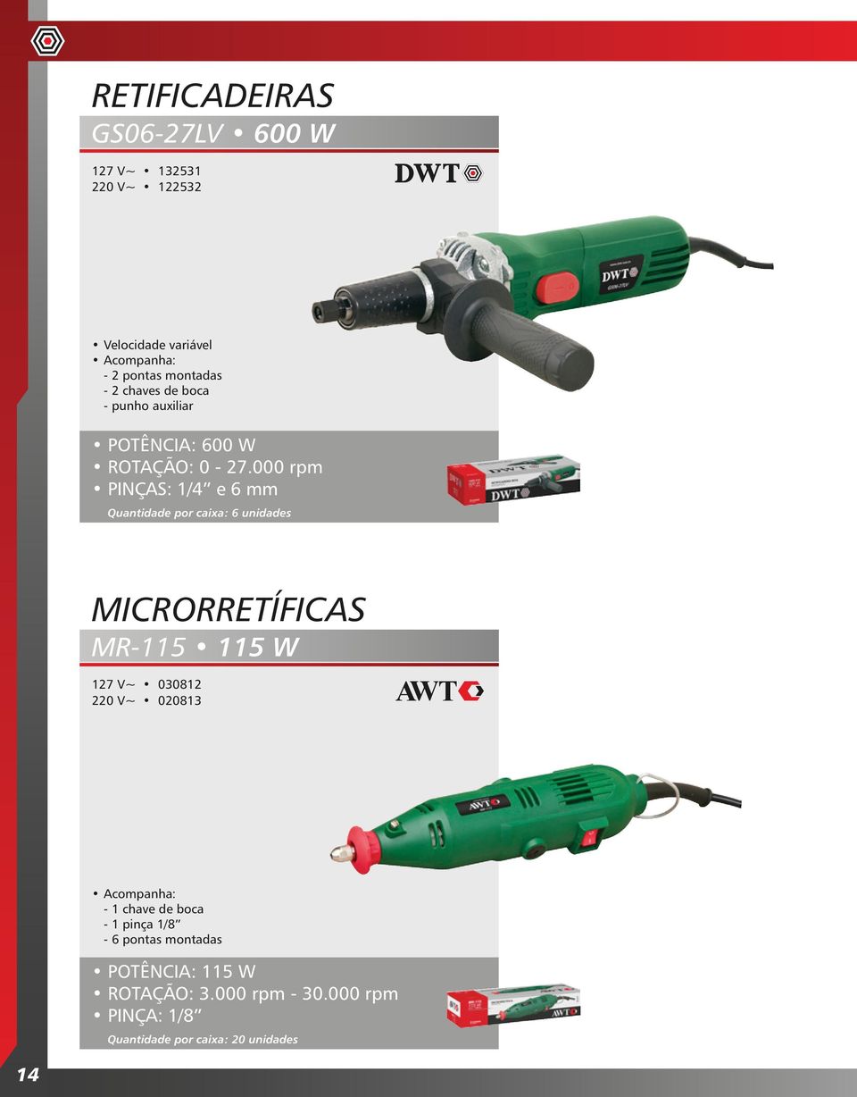 000 rpm PINÇAS: 1/4 e 6 mm Quantidade por caixa: 6 unidades MICRORRETÍFICAS MR-115 115 W 127 V~ 030812 220