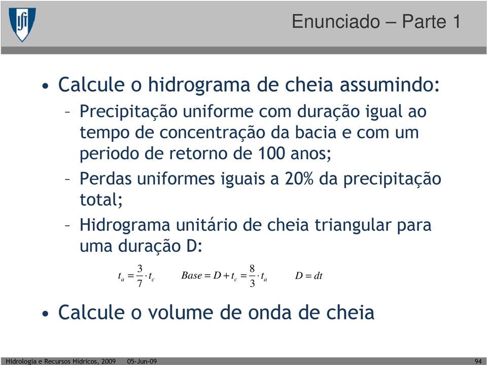 uniformes iguais a 0% da precipitação total; Hidrograma unitário de cheia triangular para