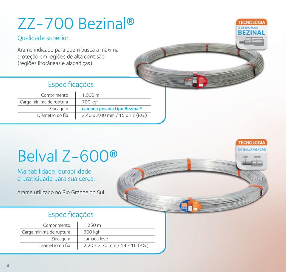 Carga mínima de ruptura Diâmetro do fio 1.000 m 700 kgf camada pesada tipo Bezinal 2,40 x 3,00 mm / 15 x 17 (P.G.