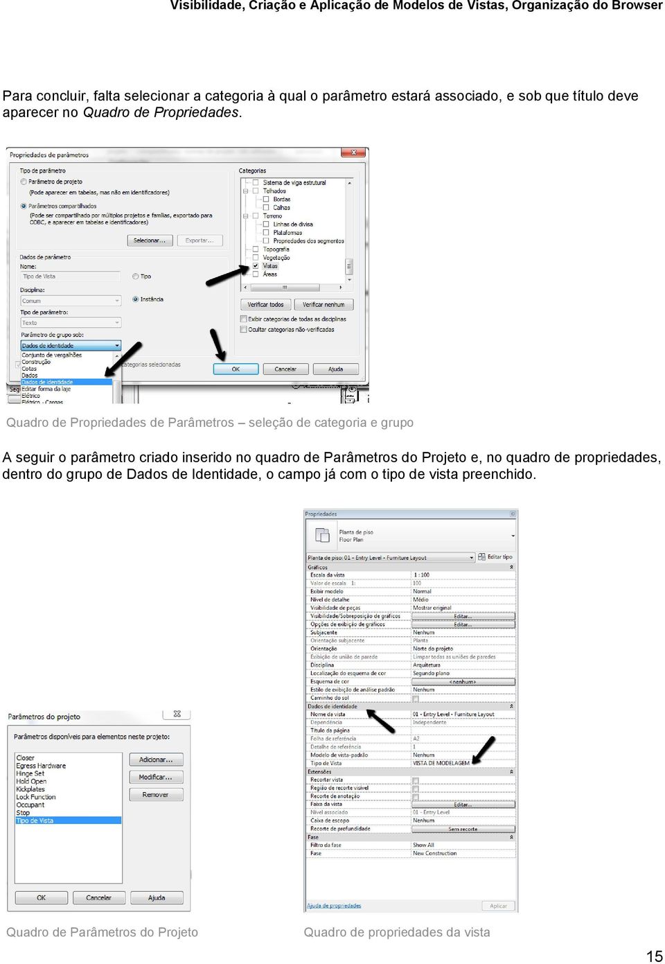 Quadro de Propriedades de Parâmetros seleção de categoria e grupo A seguir o parâmetro criado inserido no quadro