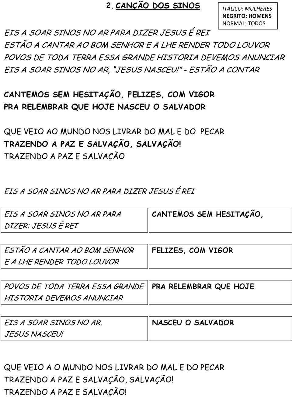 - ESTÃO A CONTAR CANTEMOS SEM HESITAÇÃO, FELIZES, COM VIGOR PRA RELEMBRAR QUE HOJE NASCEU O SALVADOR QUE VEIO AO MUNDO NOS LIVRAR DO MAL E DO PECAR TRAZENDO A PAZ E SALVAÇÃO, SALVAÇÃO!