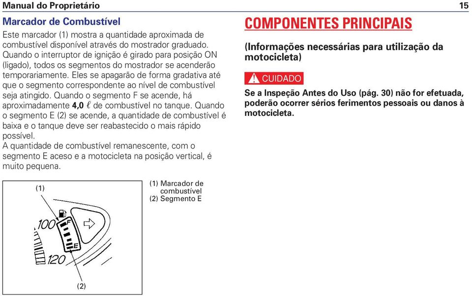 Eles se apagarão de forma gradativa até que o segmento correspondente ao nível de combustível seja atingido. Quando o segmento F se acende, há aproximadamente 4,0 de combustível no tanque.