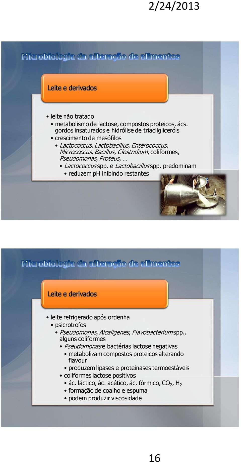 Lactococcus spp. e Lactobacillus spp. predominam reduzem ph inibindo restantes Leite e derivados leite refrigerado após ordenha psicrotrofos Pseudomonas, Alcaligenes, Flavobacterium spp.