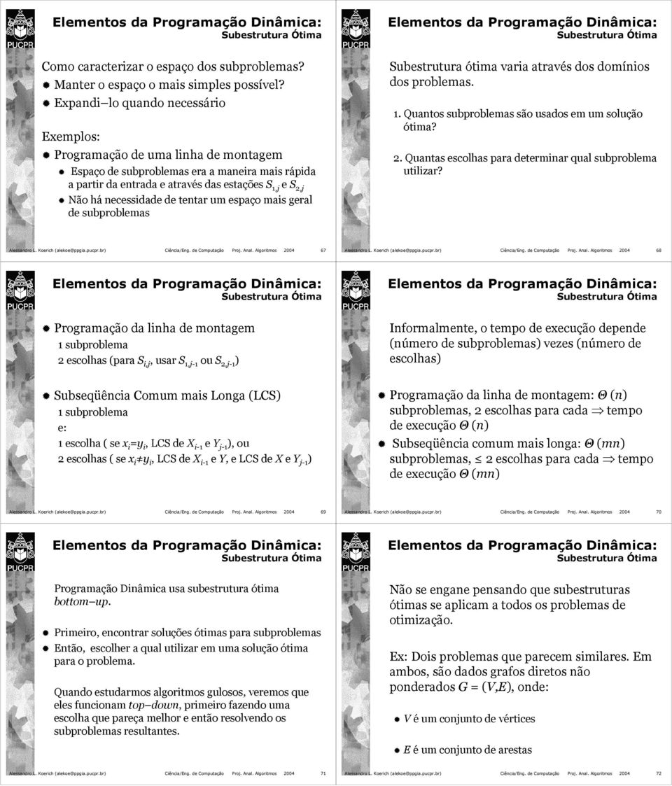 necessidade de tentar um espaço mais geral de subproblemas Subestrutura ótima varia através dos domínios dos problemas. 1. Quantos subproblemas são usados em um solução ótima? 2.