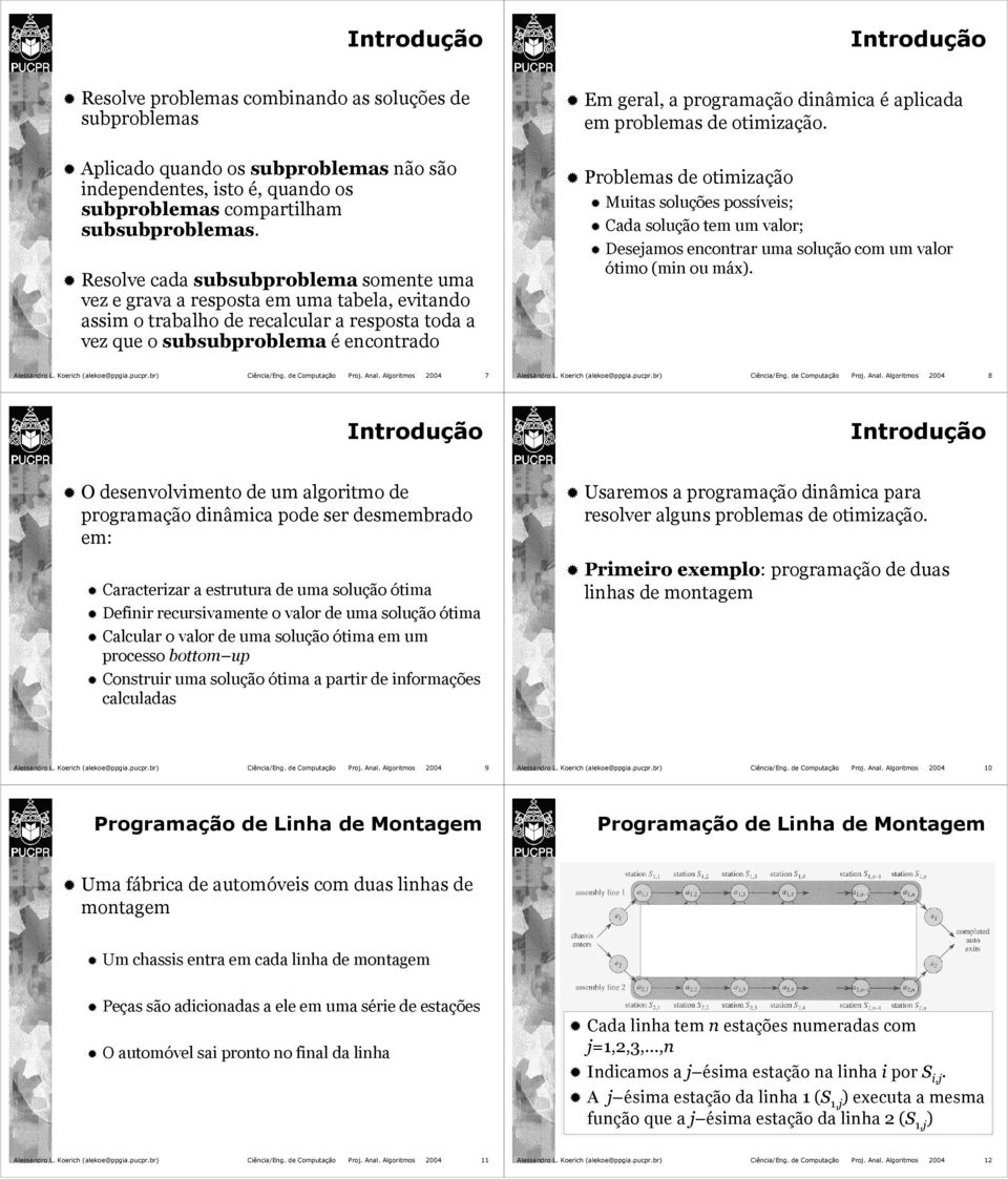 dinâmica é aplicada em problemas de otimização. Problemas de otimização Muitas soluções possíveis; Cada solução tem um valor; Desejamos encontrar uma solução com um valor ótimo (min ou máx).