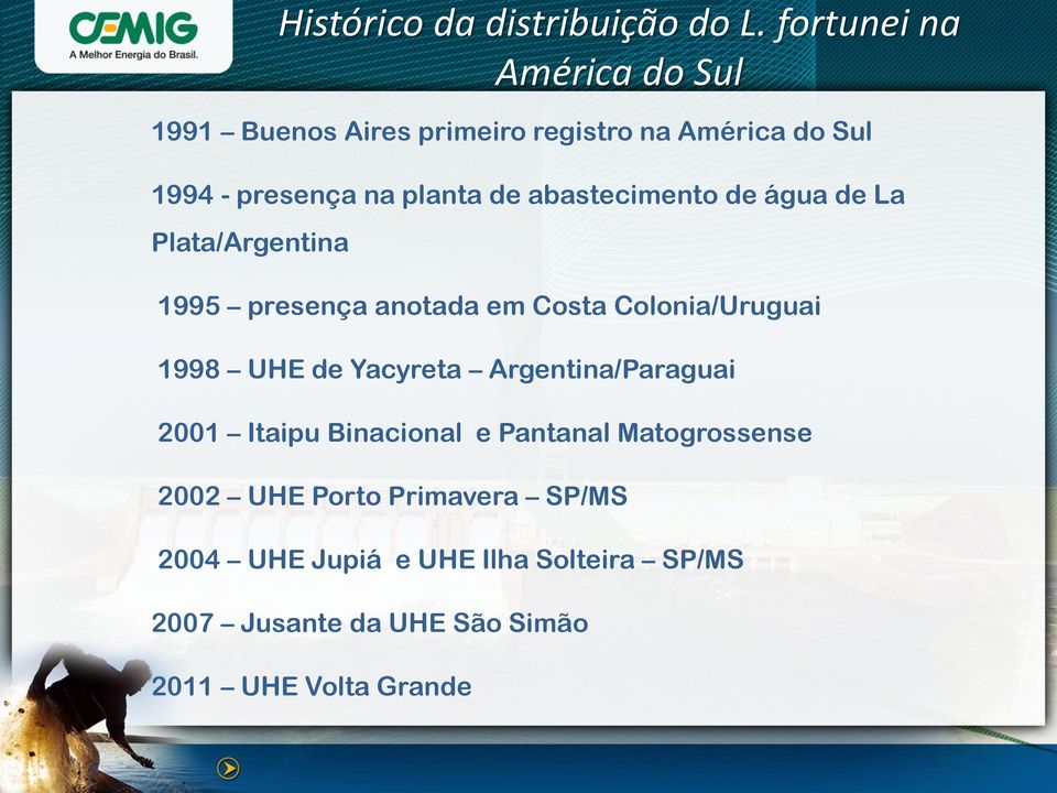abastecimento de água de La Plata/Argentina 1995 presença anotada em Costa Colonia/Uruguai 1998 UHE de