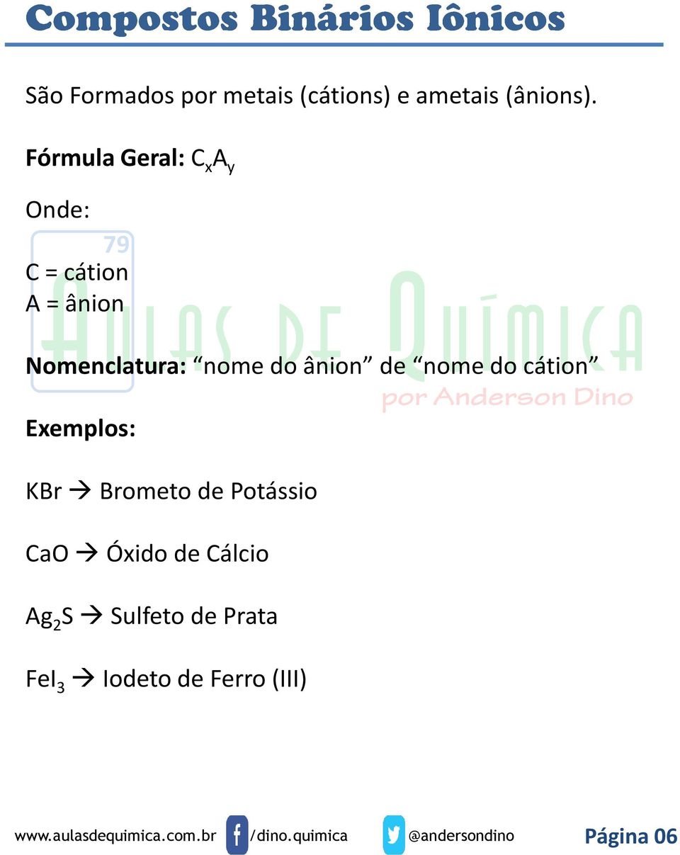 nome do ânion de nome do cátion Exemplos: KBr Brometo de Potássio