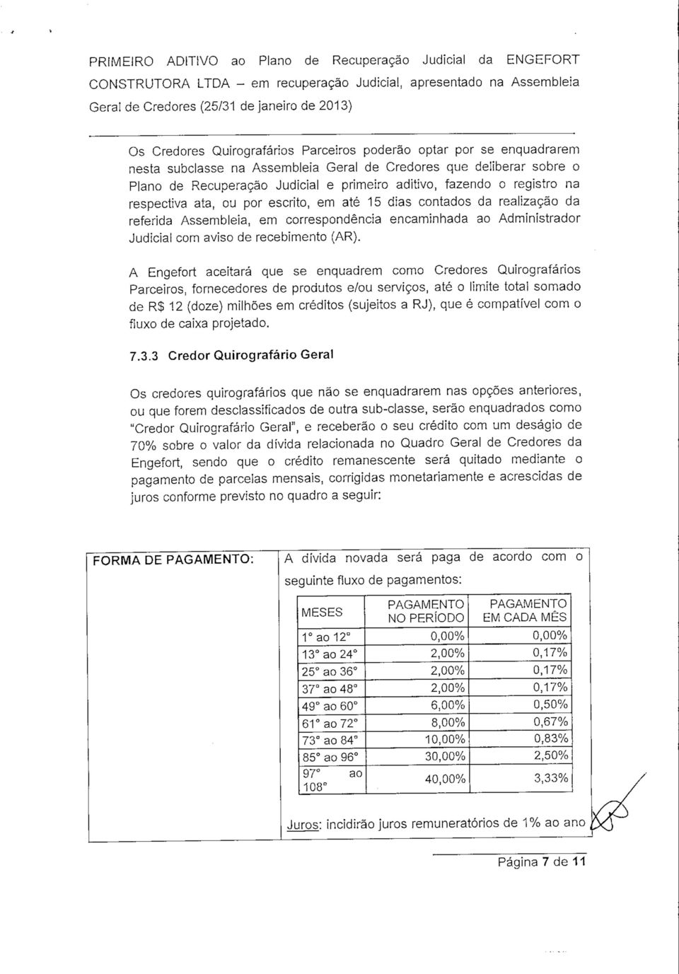 A Engefort aceitará que se enquadrem como Credores Quirografários Parceiros, fornecedores de produtos e/ou serviços, até o limite total somado de R$ 12 (doze) milhões em créditos (sujeitos a RJ), que