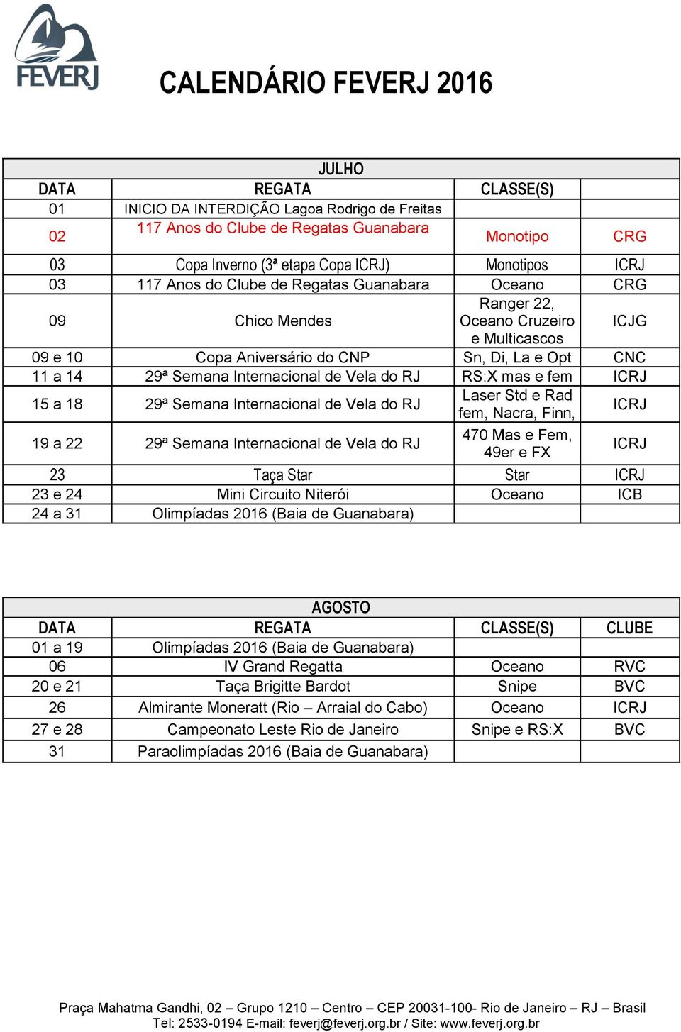 e fem 15 a 18 29ª Semana Internacional de Vela do RJ Laser Std e Rad fem, Nacra, Finn, 19 a 22 29ª Semana Internacional de Vela do RJ 470 Mas e Fem, 49er e FX 23 Taça Star Star 23 e 24 Mini Circuito