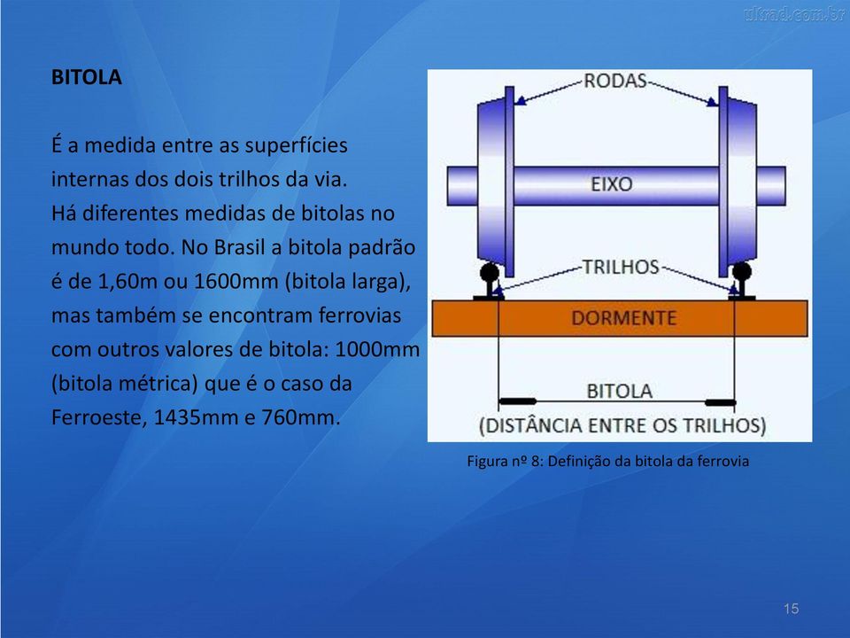 No Brasil a bitola padrão é de 1,60m ou 1600mm (bitola larga), mas também se encontram
