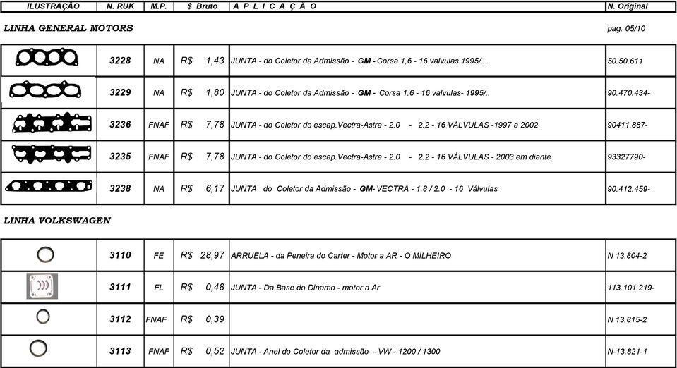 vectra-astra - 2.0-2.2-16 VÁLVULAS - 2003 em diante 93327790-3238 NA R$ 6,17 JUNTA do Coletor da Admissão - GM- VECTRA - 1.8 / 2.0-16 Válvulas 90.412.