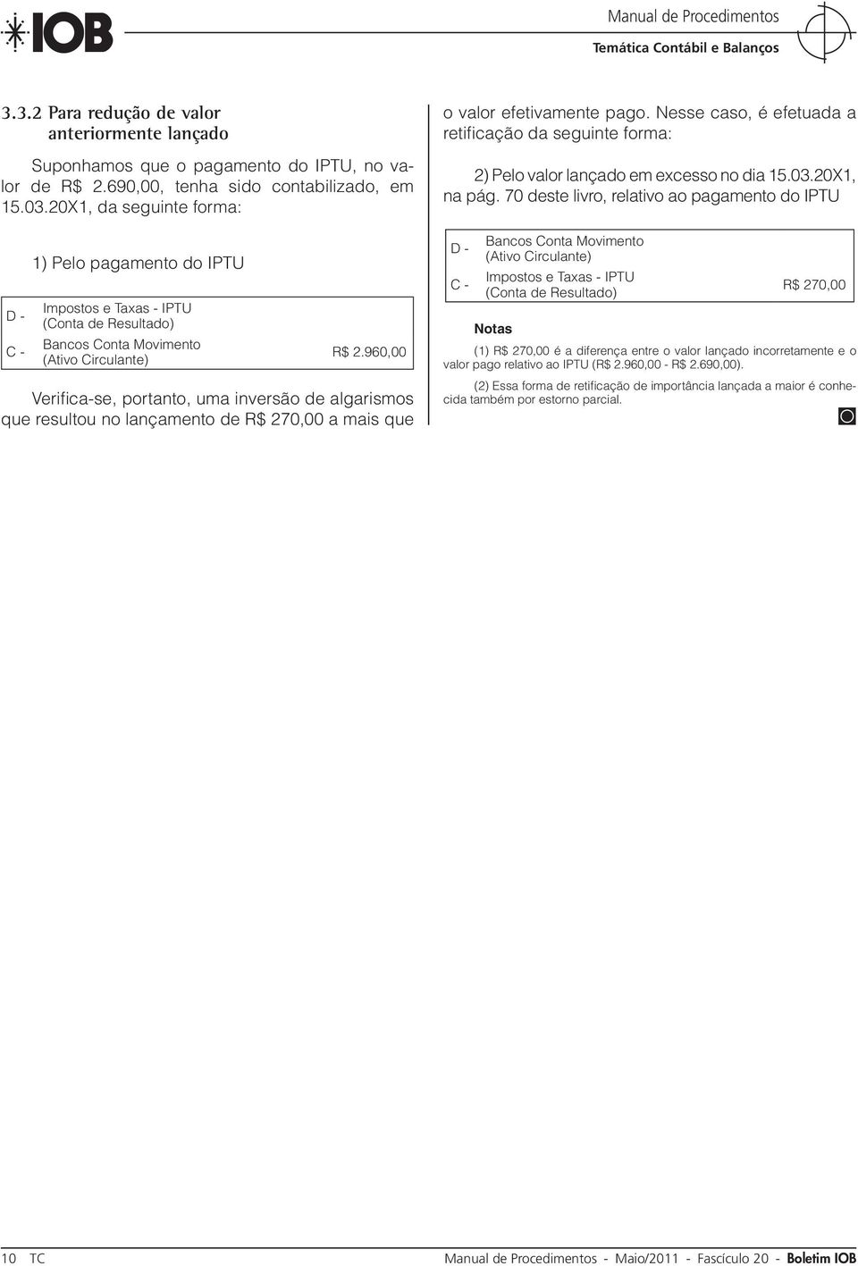 960,00 Verifica-se, portanto, uma inversão de algarismos que resultou no lançamento de R$ 270,00 a mais que o valor efetivamente pago.