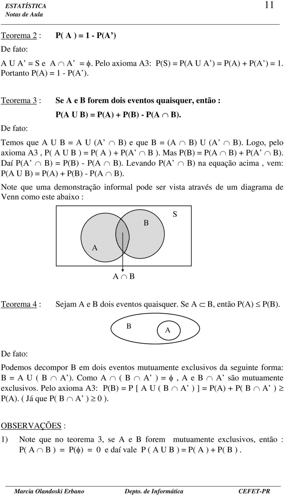 Mas P(B) P(A B) + P(A B). Daí P(A B) P(B) - P(A B). Levando P(A B) na equação acima, vem: P(A U B) P(A) + P(B) - P(A B).