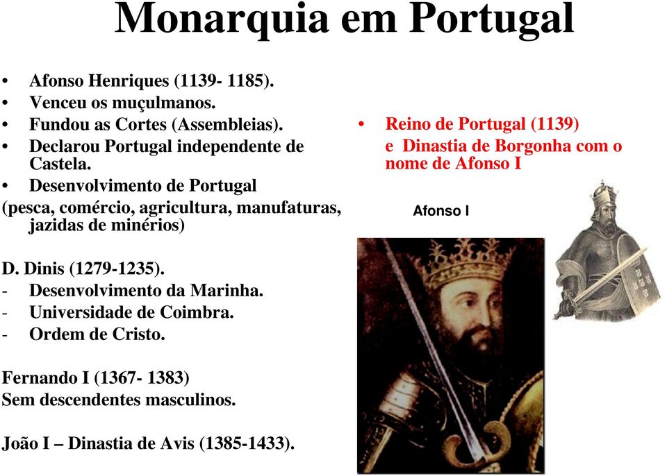 Desenvolvimento de Portugal (pesca, comércio, agricultura, manufaturas, jazidas de minérios) Reino de Portugal (1139) e
