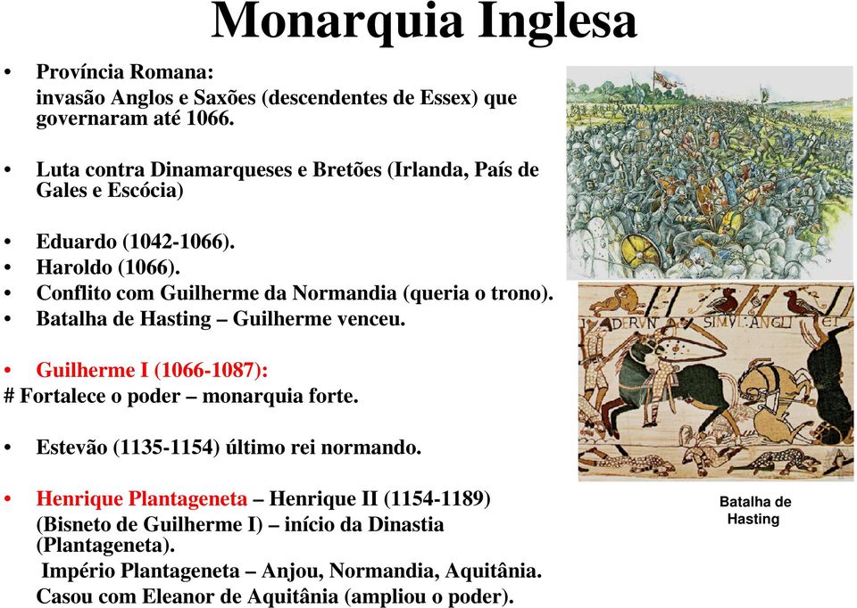 Conflito com Guilherme da Normandia (queria o trono). Batalha de Hasting Guilherme venceu. Guilherme I (1066-1087): # Fortalece o poder monarquia forte.