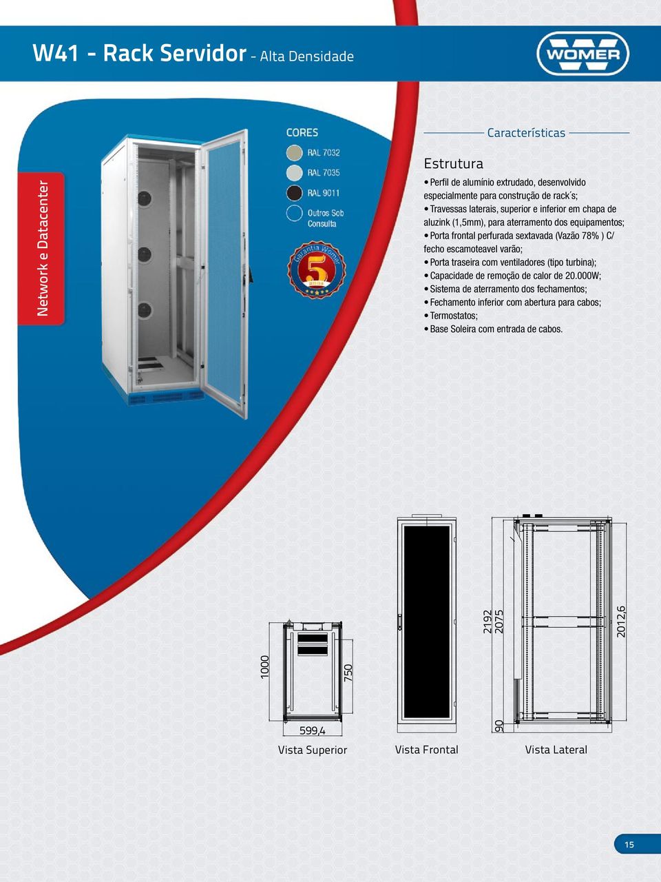 Porta traseira com ventiladores (tipo turbina); Capacidade de remoção de calor de 20.