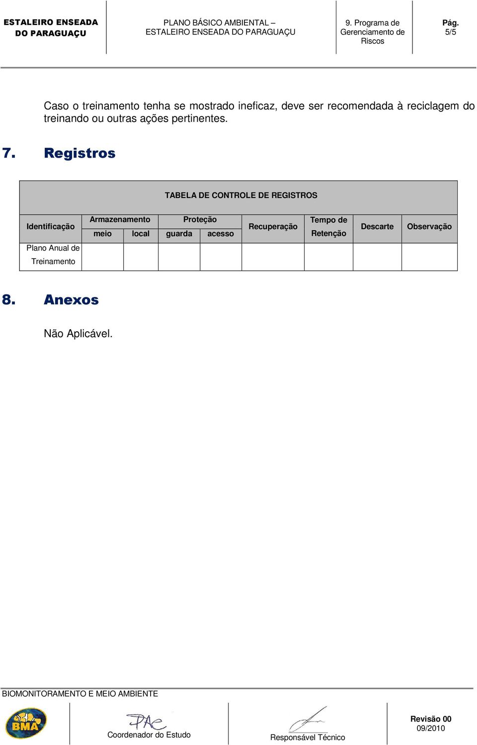 Registros TABELA DE CONTROLE DE REGISTROS Identificação Armazenamento Proteção meio