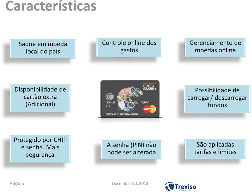 Possibilidade de carregar/ descarregar fundos Protegido por CHIP e senha.