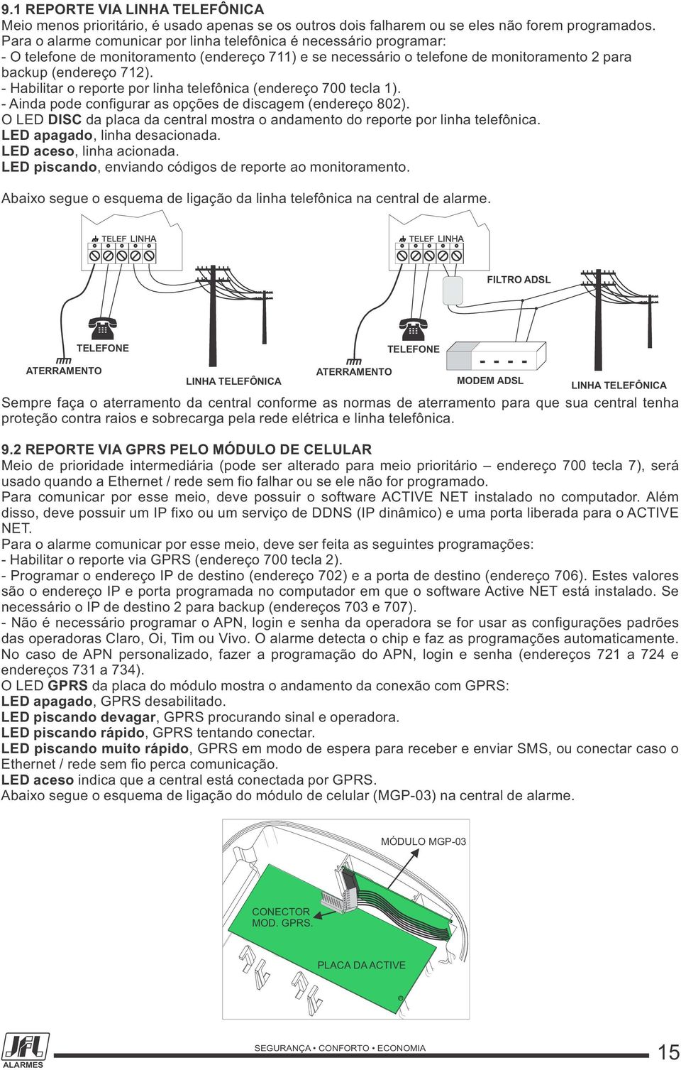 - Habilitar o reporte por linha telefônica (endereço 700 tecla 1). - Ainda pode configurar as opções de discagem (endereço 802).