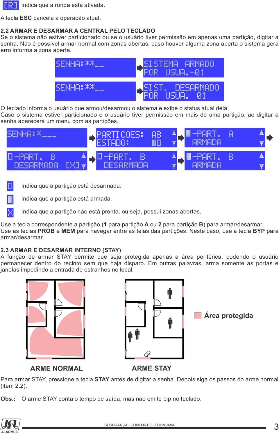 caso houver alguma zona aberta o sistema gera erro informa a zona aberta. SENHA:** SISTEMA ARMADO POR USUA.-01 SENHA:** SIST. DESARMADO POR USUA.