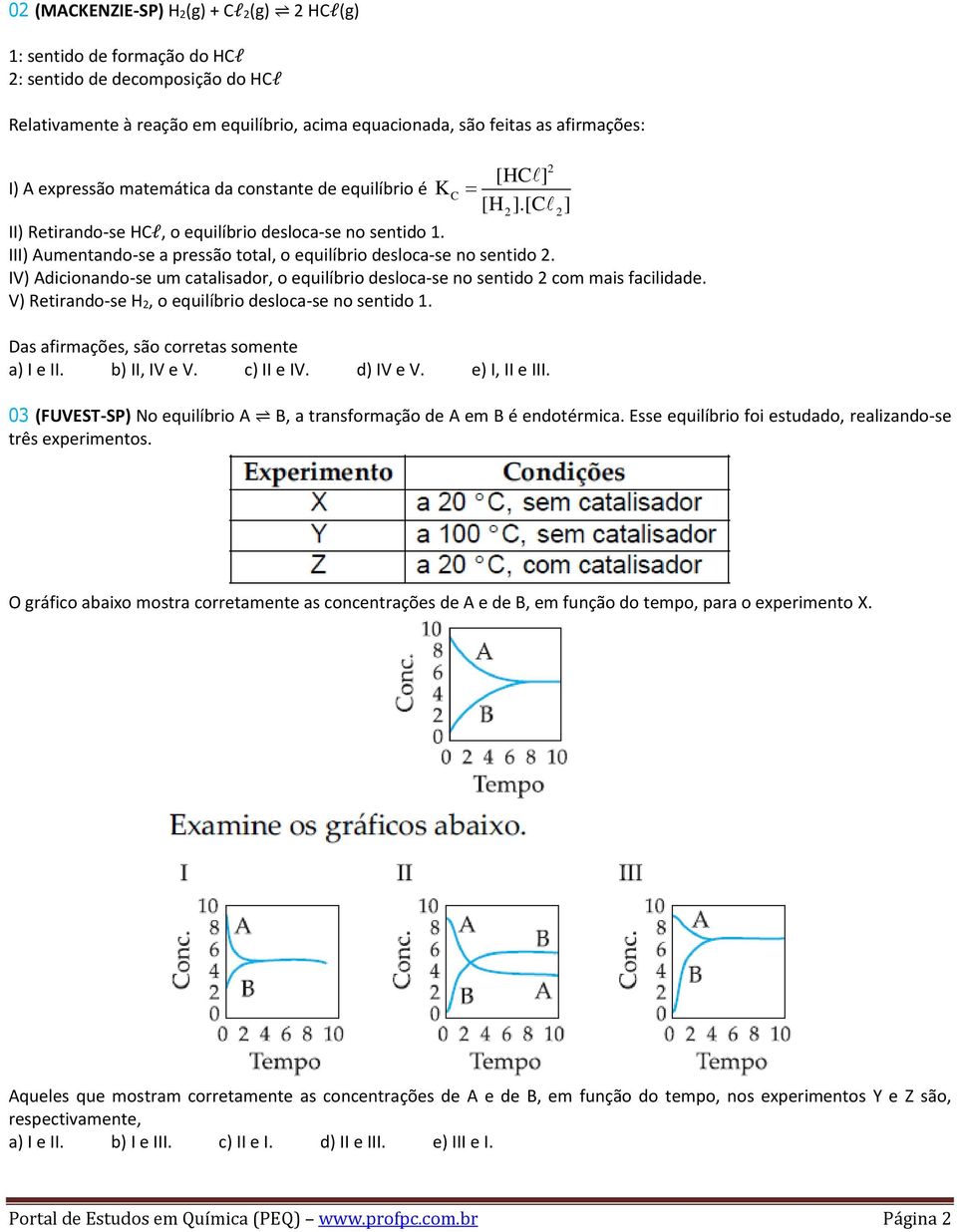 III) Aumentando-se a pressão total, o equilíbrio desloca-se no sentido 2. IV) Adicionando-se um catalisador, o equilíbrio desloca-se no sentido 2 com mais facilidade.