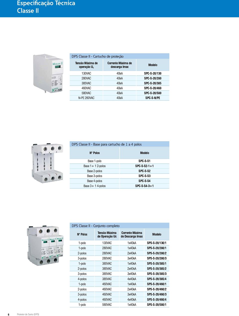 SPC-S-S1 SPC-S-S2-1+1 SPC-S-S2 SPC-S-S3 SPC-S-S4 SPC-S-S4-3+1 DPS Classe II - Conjunto completo Polos Tensão Máxima de Operação Uc Corrente Máxima de Descarga Imax 1-polo 130VAC 1x SPS-S-20/130/1