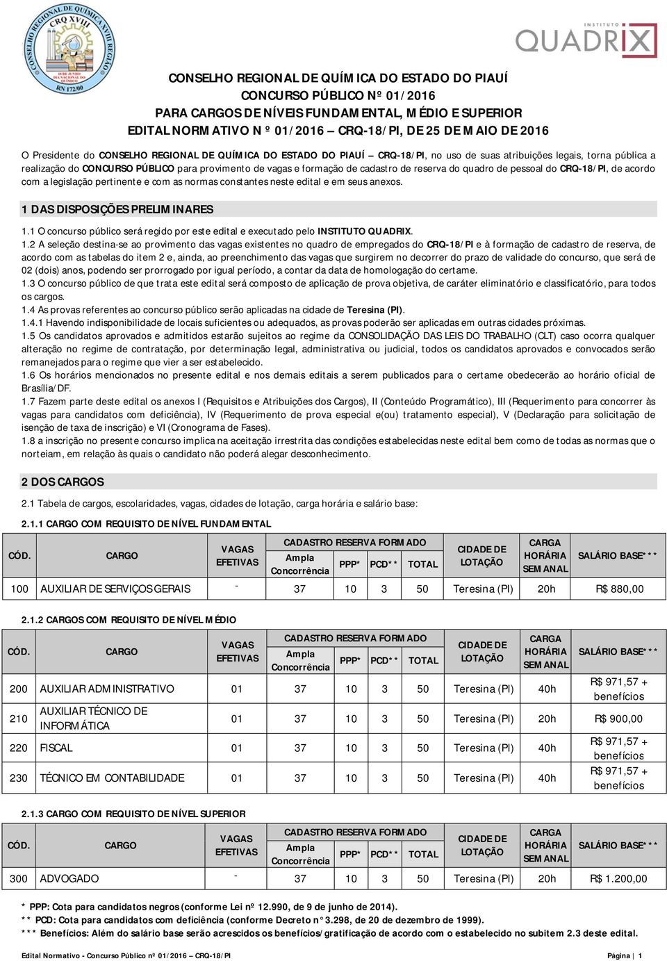 cadastro de reserva do quadro de pessoal do CRQ-18/PI, de acordo com a legislação pertinente e com as normas constantes neste edital e em seus anexos. 1 DAS DISPOSIÇÕES PRELIMINARES 1.