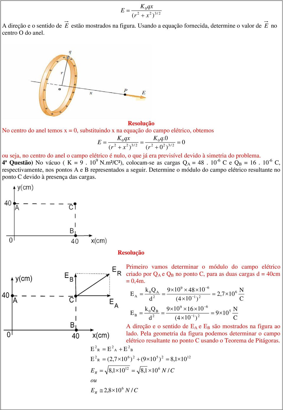 0 0 3 / 3 / ( r + x ) ( r + 0 ) ou seja, no centro do anel o campo elétrico é nulo, o que já era previsível devido à simetria do problema. 4ª Questão) No vácuo ( 9. 9 N.