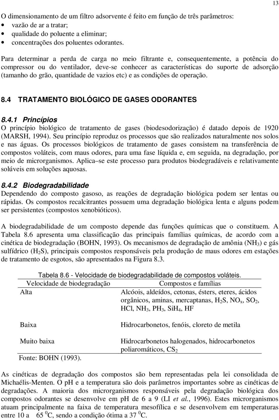 quantidade de vazios etc) e as condições de operação. 8.4 TRATAMENTO BIOLÓGICO DE GASES ODORANTES 8.4.1 Princípios O princípio biológico de tratamento de gases (biodesodorização) é datado depois de 1920 (MARSH, 1994).