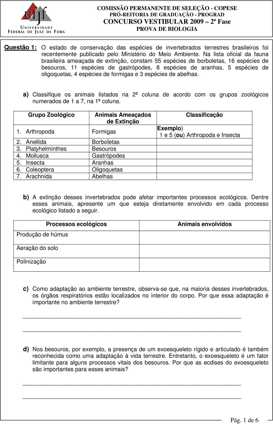 espécies de formigas e 3 espécies de abelhas. a) Classifique os animais listados na 2ª coluna de acordo com os grupos zoológicos numerados de 1 a 7, na 1ª coluna. Grupo Zoológico 1.