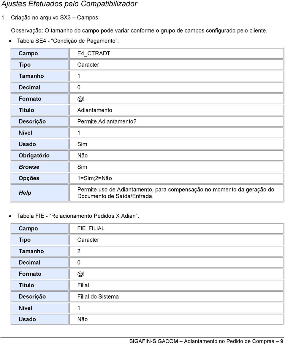 Tabela SE4 - Condição de Pagamento : E4_CTRADT Tamanho 1 Adiantamento Permite Adiantamento?