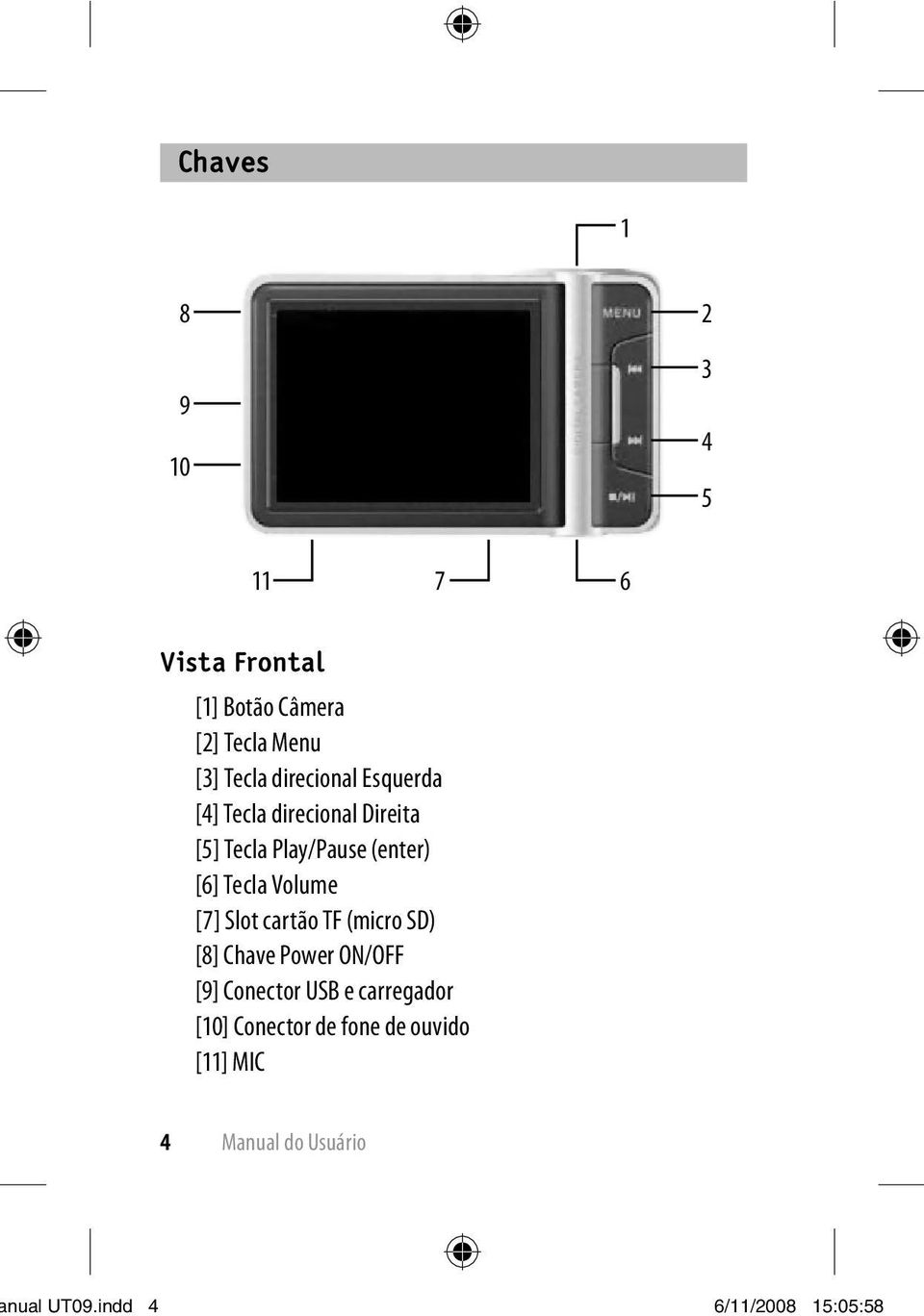 Volume [7] Slot cartão TF (micro SD) [8] Chave Power ON/OFF [9] Conector USB e carregador