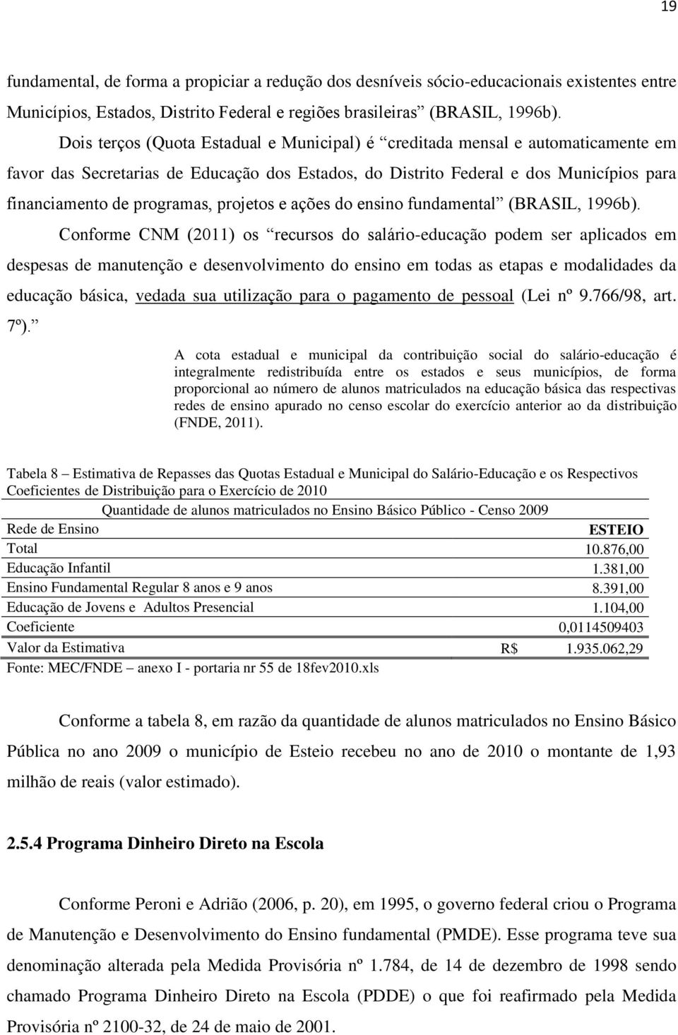 projetos e ações do ensino fundamental (BRASIL, 1996b).