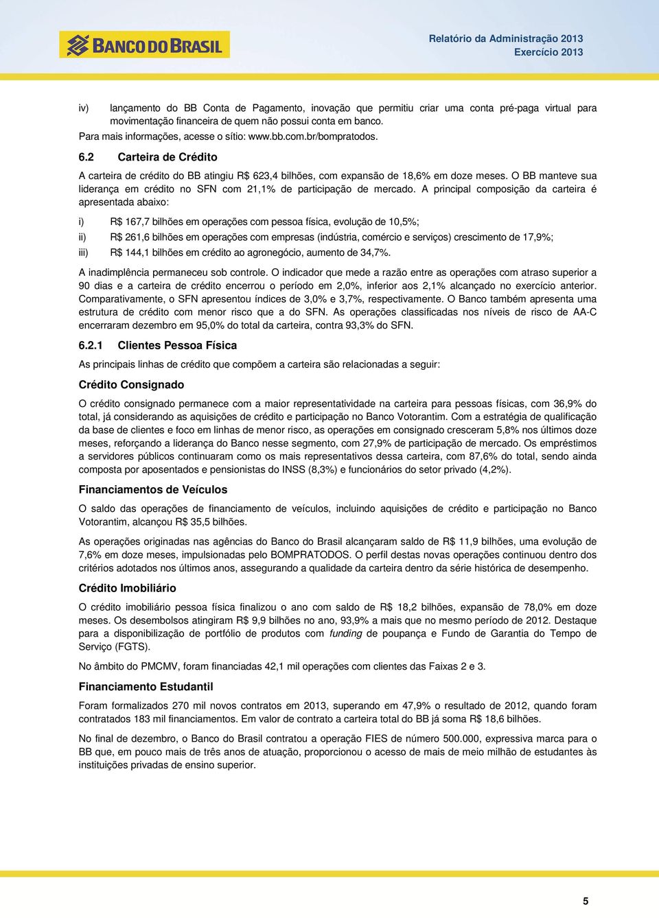 O BB manteve sua liderança em crédito no SFN com 21,1% de participação de mercado.