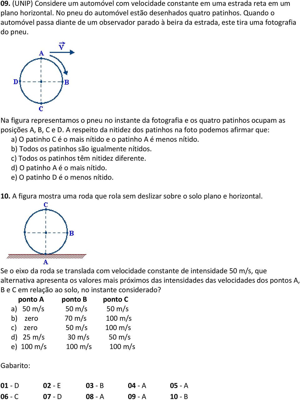 Na figura representamos o pneu no instante da fotografia e os quatro patinhos ocupam as posições A, B, C e D.