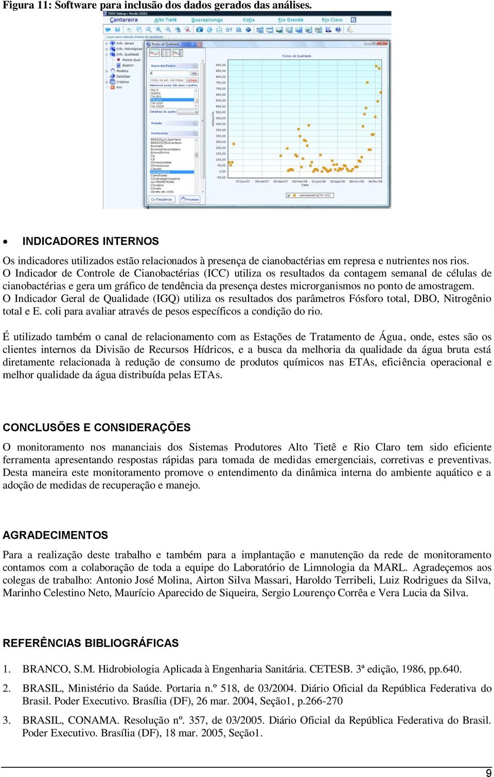 amostragem. O Indicador Geral de Qualidade (IGQ) utiliza os resultados dos parâmetros Fósforo total, DBO, Nitrogênio total e E. coli para avaliar através de pesos específicos a condição do rio.