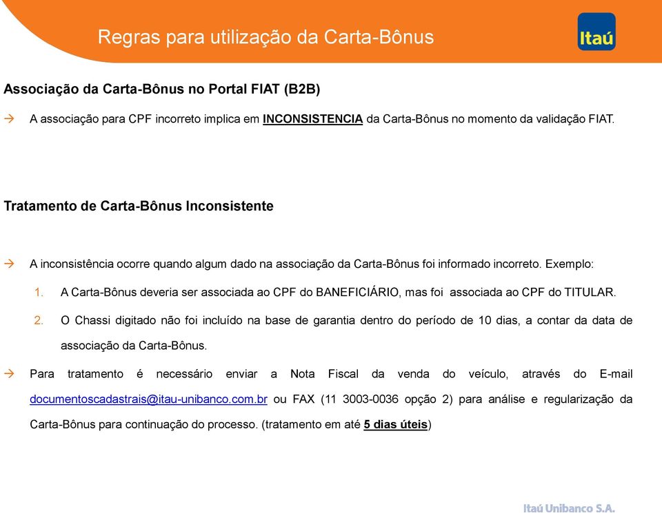A Carta-Bônus deveria ser associada ao CPF do BANEFICIÁRIO, mas foi associada ao CPF do TITULAR. 2.