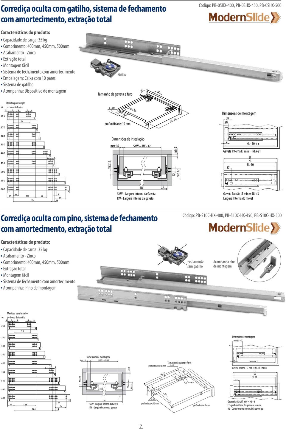 Acompanha: Dispositivo de montagem Medidas para furação borda do Armário Gatilho Tamanho da gaveta e furo Tamanho da gaveta e furo profundidade: 10 mm Tamanho da gaveta e furo profundidade: Dimensões