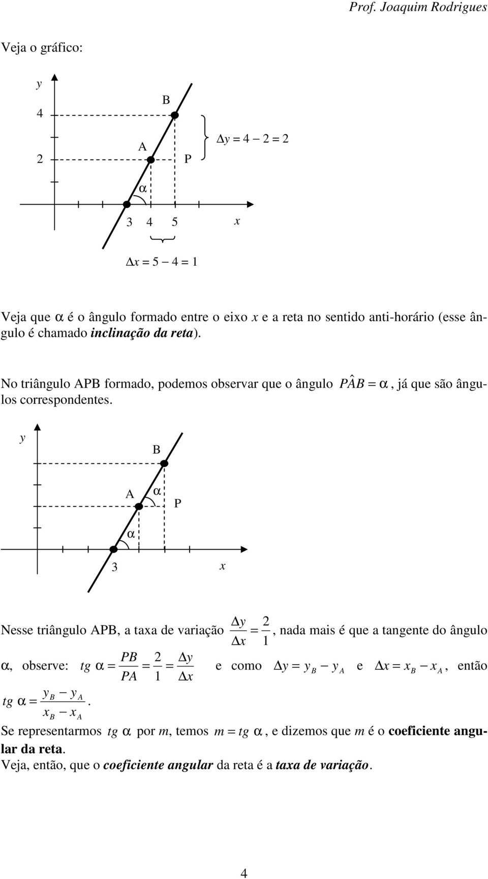 PAB ˆ = y B A α α P 3 x Nesse triângulo APB, a taxa de variação α, observe: tg α = PB PA = 1 y = x y x = 1 e como, nada mais é que a tangente do ângulo y = y B y