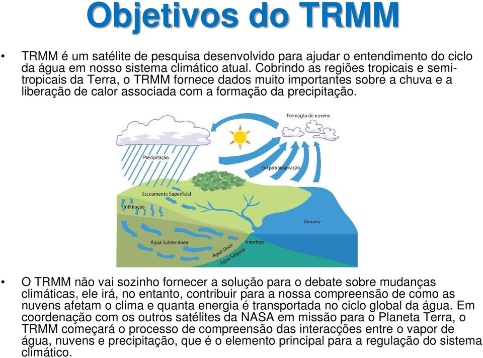 O TRMM não vai sozinho fornecer a solução para o debate sobre mudanças climáticas, ele irá, no entanto, contribuir para a nossa compreensão de como as nuvens afetam o clima e quanta energia é