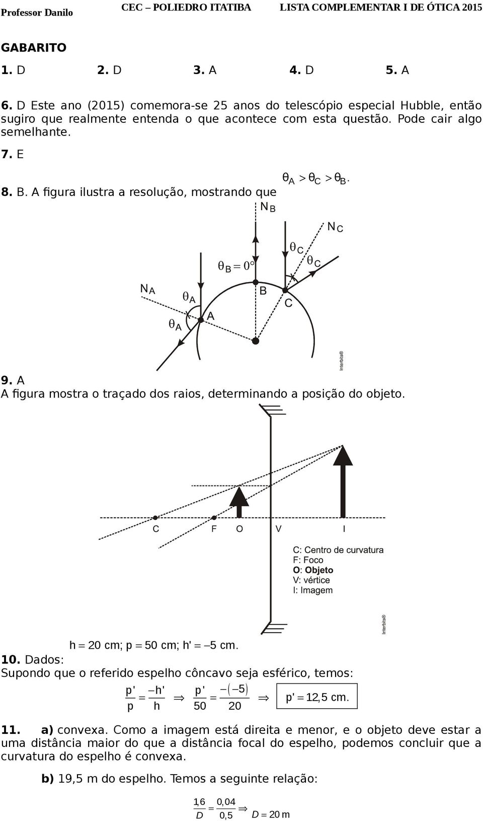 h 20 cm; p 50 cm; h' 5 cm. 10. Dados: Supondo que o referido espelho côncavo seja esférico, temos: p' h' p' 5 p' 12,5 cm. p h 50 20 11. a) convexa.