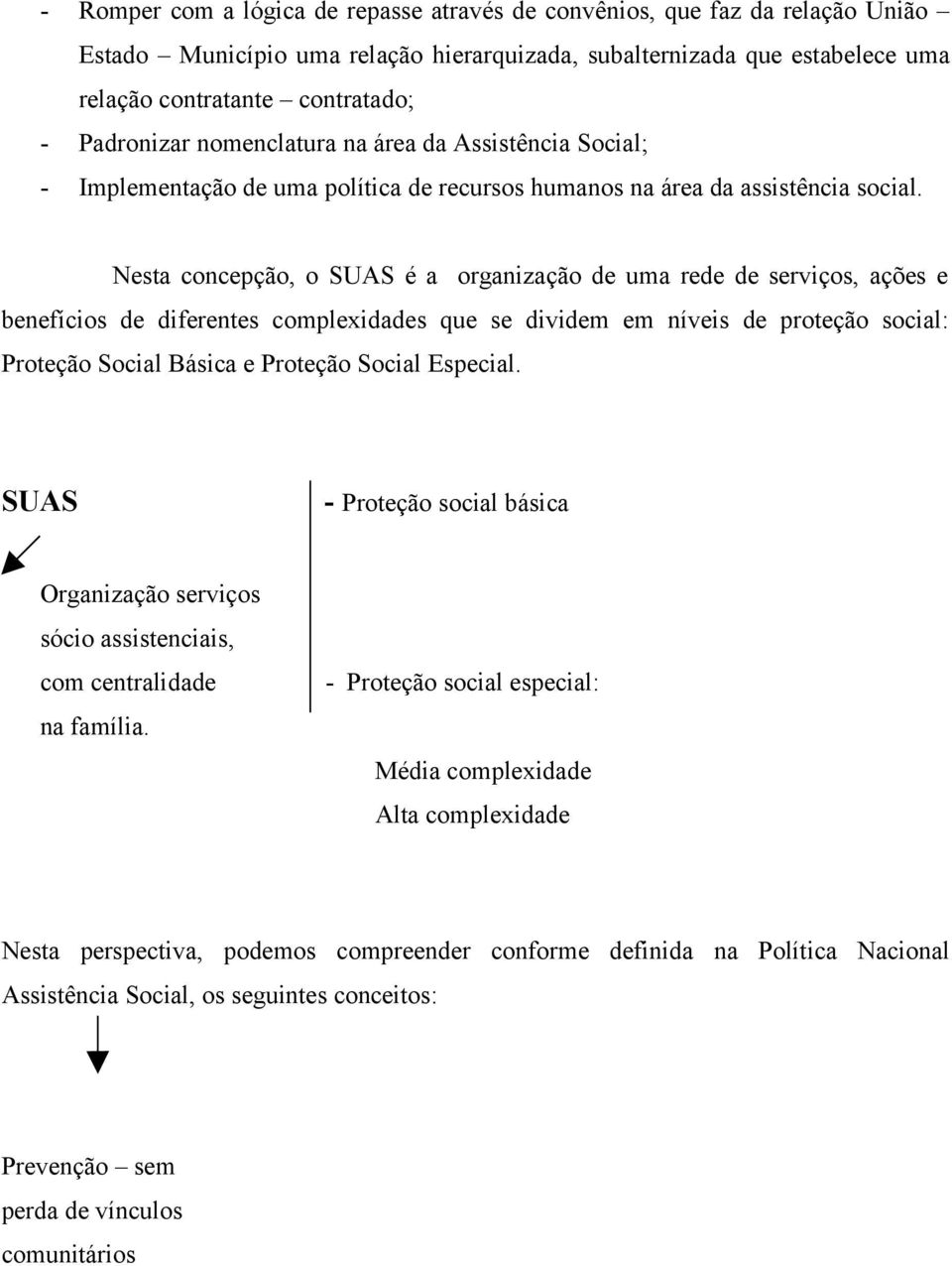 Nesta concepção, o SUAS é a organização de uma rede de serviços, ações e benefícios de diferentes complexidades que se dividem em níveis de proteção social: Proteção Social Básica e Proteção Social