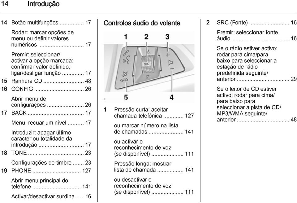 .. 23 Configurações de timbre... 23 19 PHONE... 127 Abrir menu principal do telefone... 141 Activar/desactivar surdina... 16 Controlos áudio do volante 1 Pressão curta: aceitar chamada telefónica.