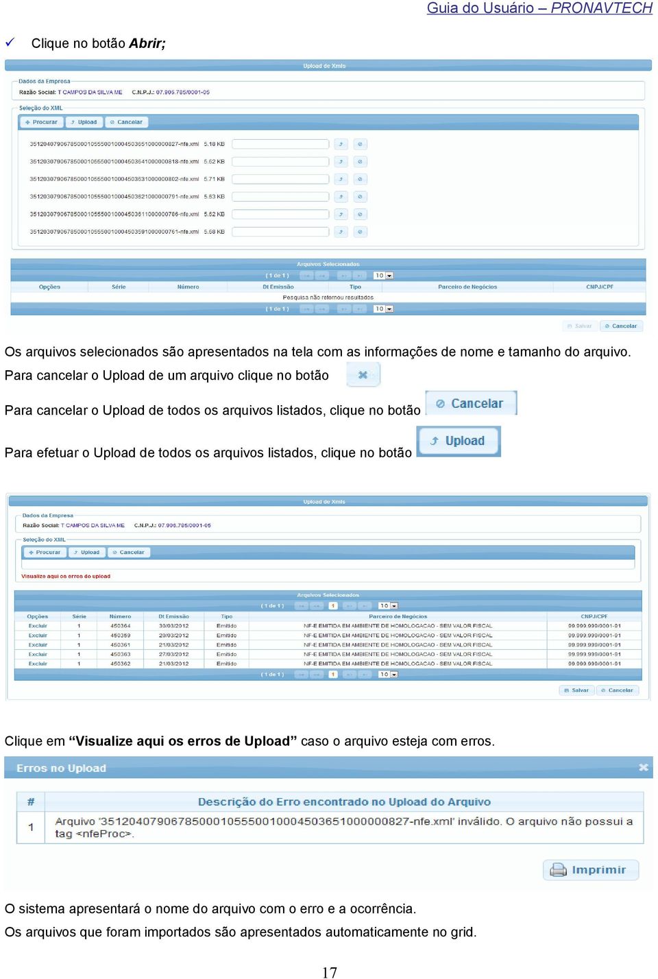 efetuar o Upload de todos os arquivos listados, clique no botão Clique em Visualize aqui os erros de Upload caso o arquivo esteja com