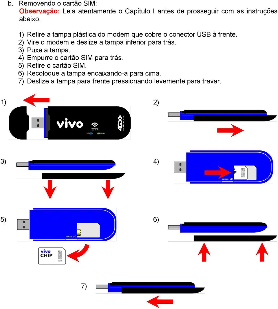 2) Vire o modem e deslize a tampa inferior para trás. 3) Puxe a tampa. 4) Empurre o cartão SIM para trás.