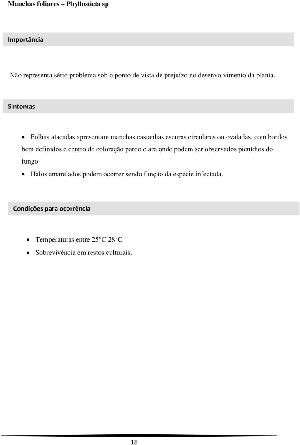 Sintomas Folhas atacadas apresentam manchas castanhas escuras circulares ou ovaladas, com bordos bem definidos e centro