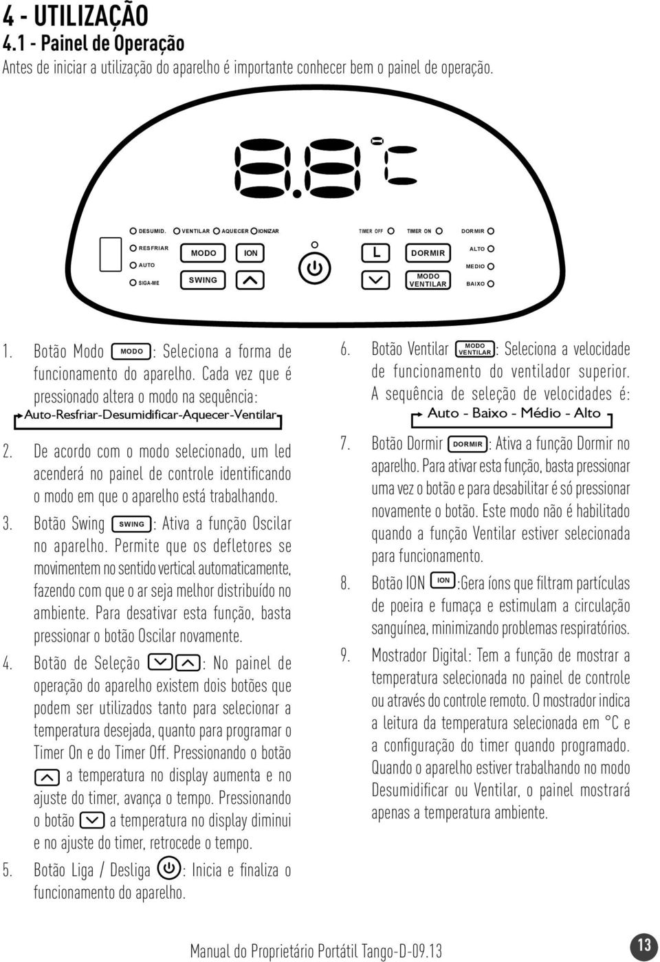 Cada vez que é pressionado altera o modo na sequência: Auto-Resfriar-Desumidificar-Aquecer-Ventilar.